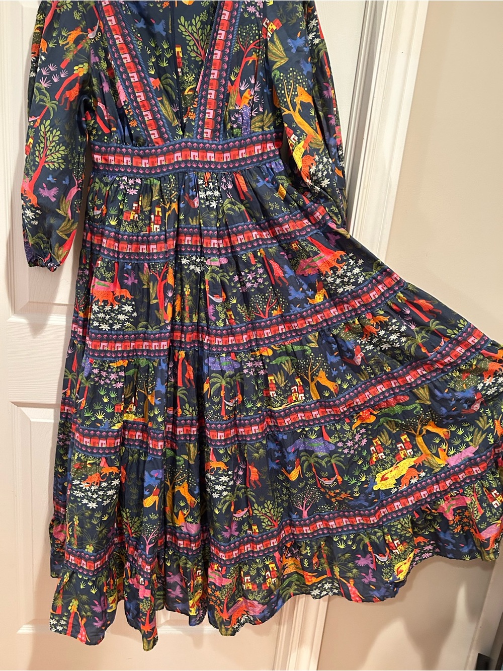 Farm Rio Bohemian Floral & Animal Print Tiered Dress 100% Cotton